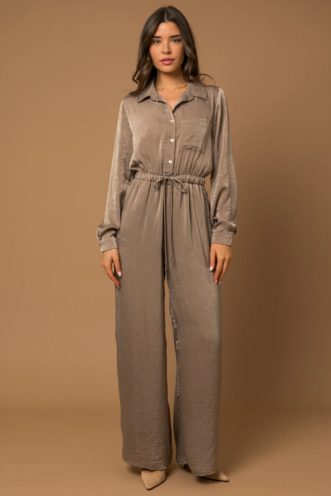 Satin Long Sleeve Flowy Wide Leg Front Tie Jumpsuit