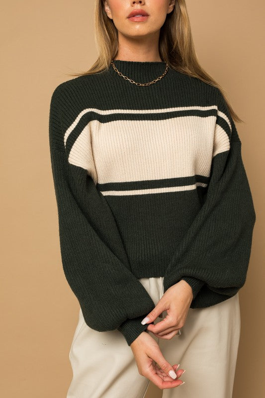 Contrast Stripe Mock Neck Sweater