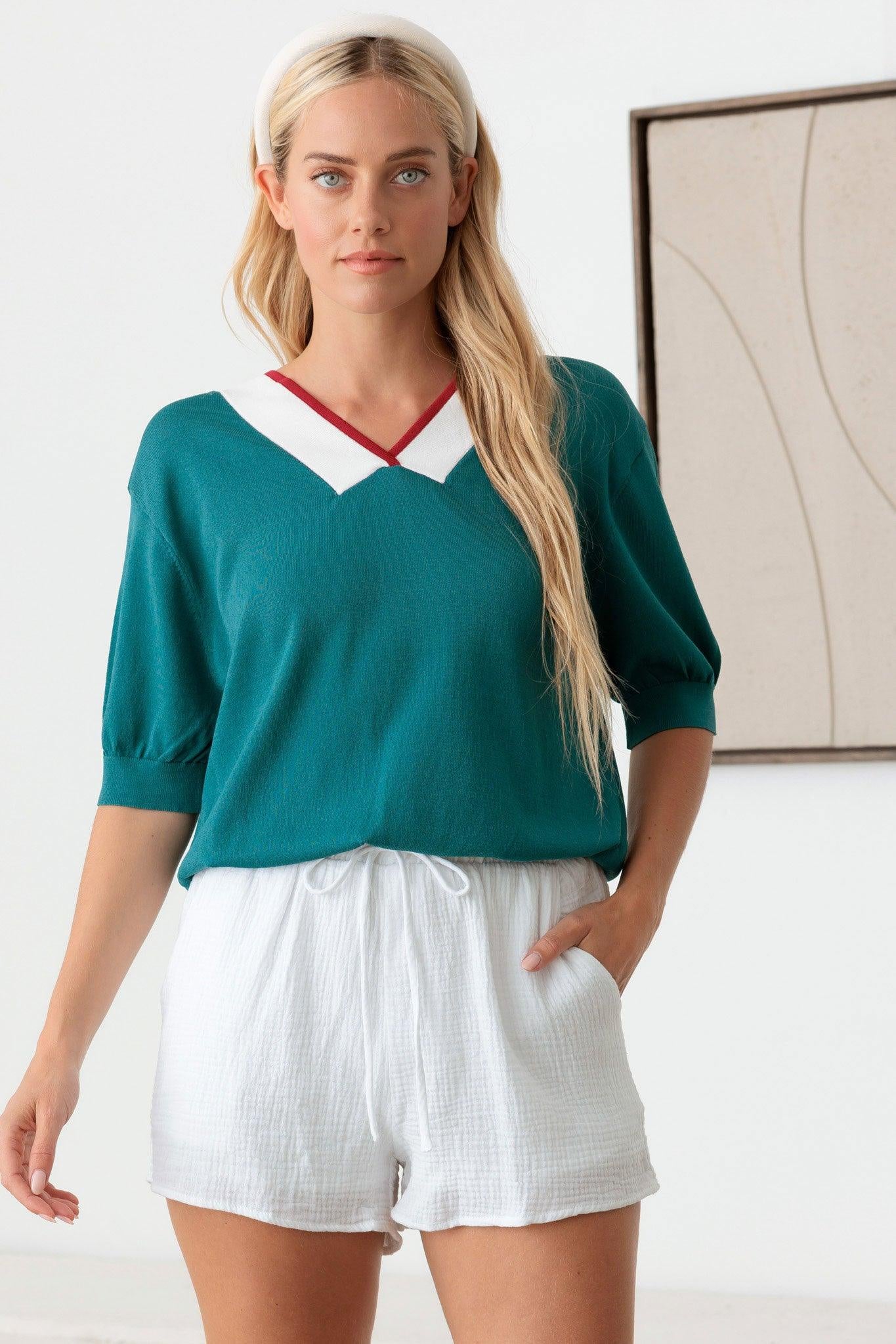 Retro Teal Chevron Knit Top with Contrasting Accents