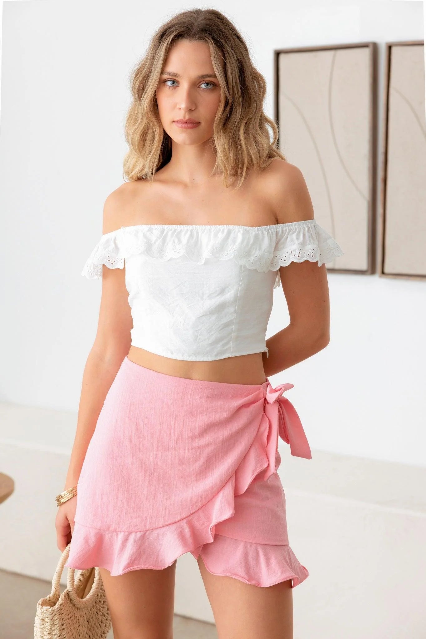 Off Shoulder Lace Ruffle Trim Crop Top