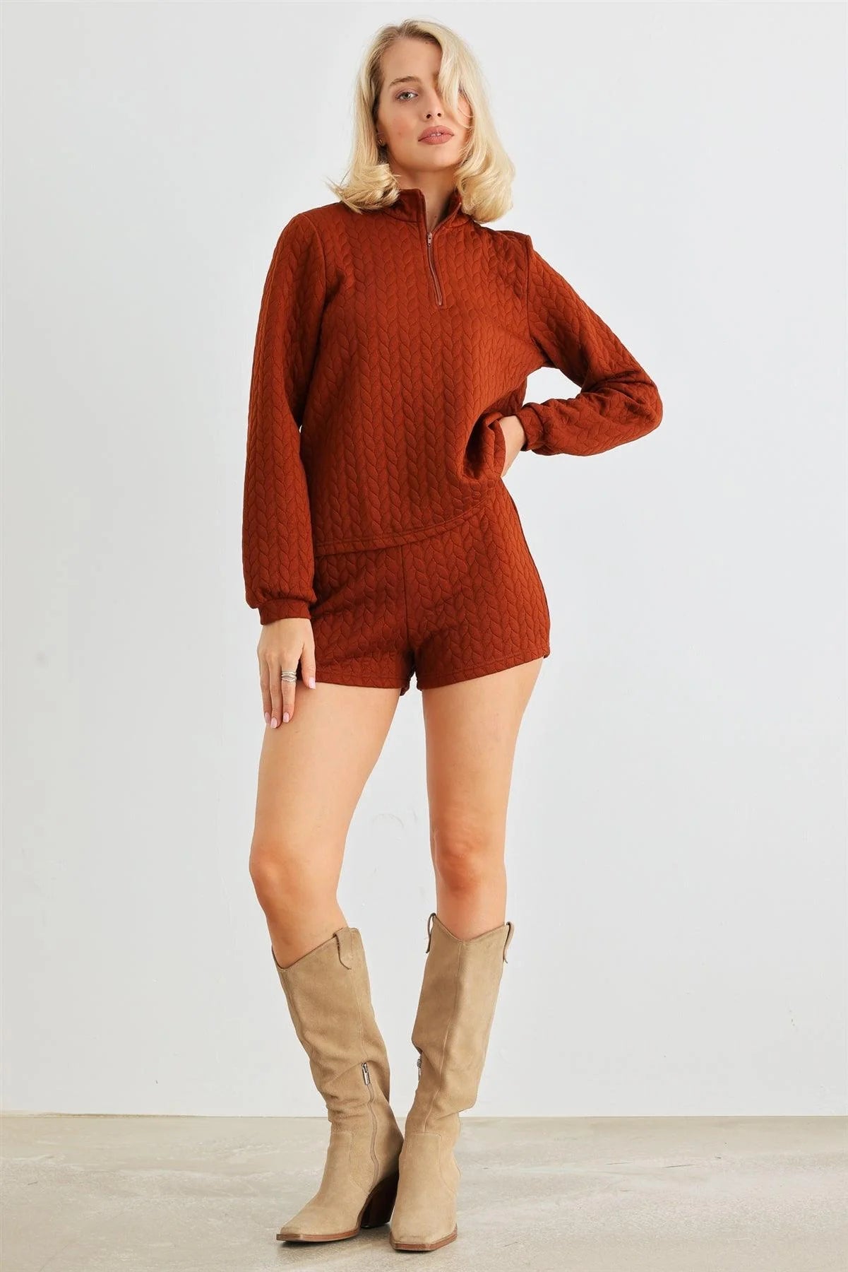 Rust Cable Zip-Up Mock Neck Long Sleeve Top & High Waist Shorts Set