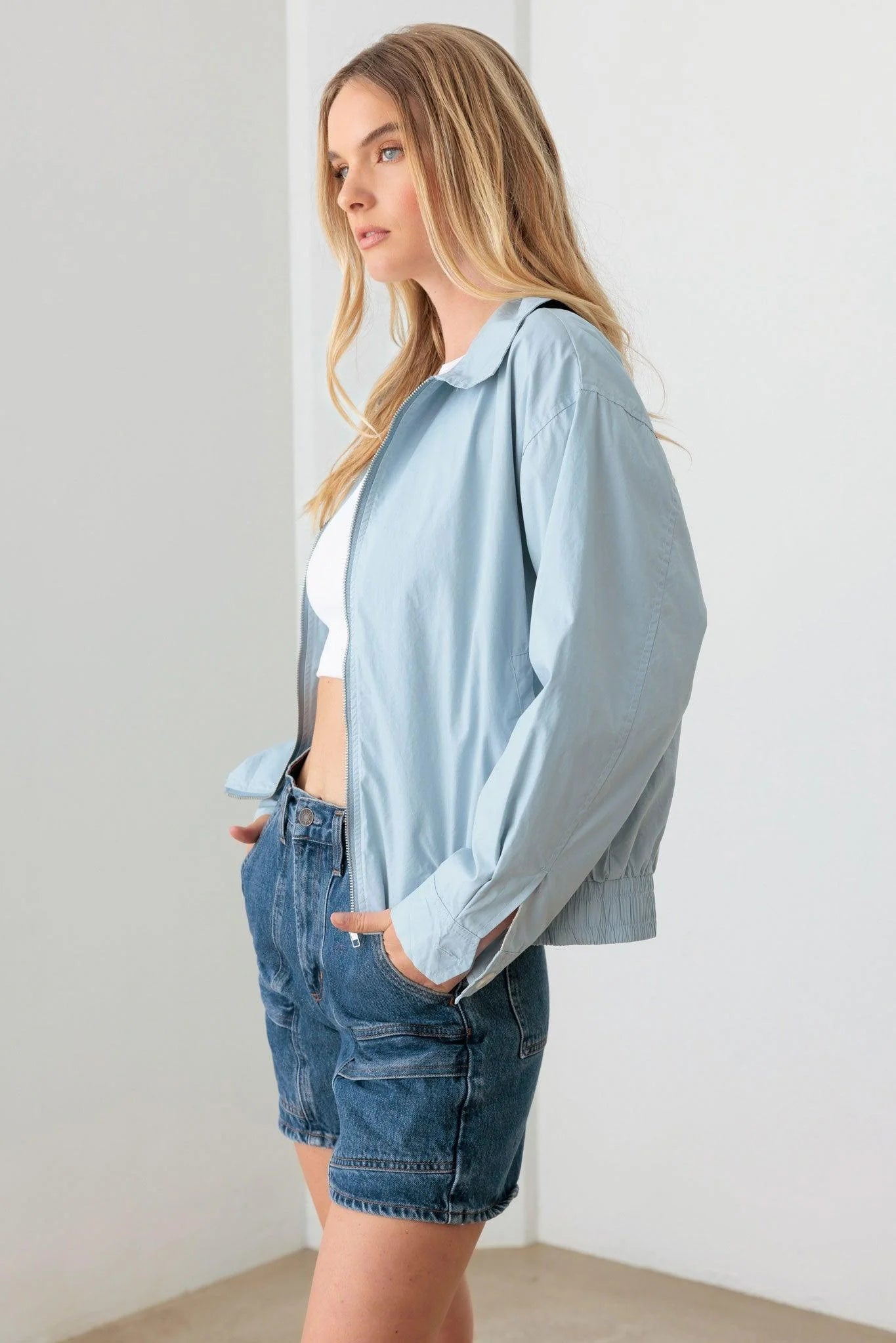 Baby Blue 100% Cotton Zip Up Collared Boxy Jacket