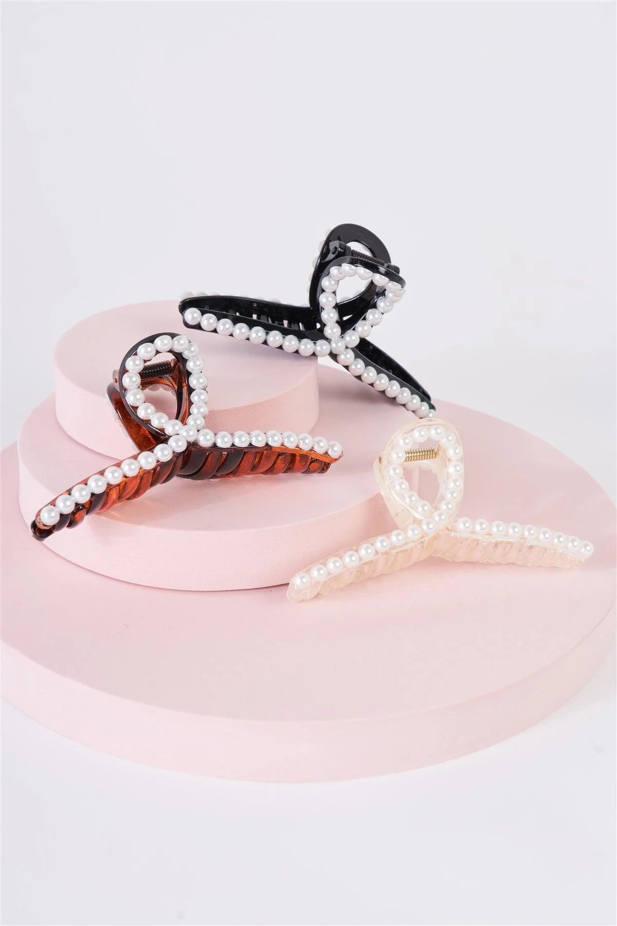 3Pcs Thin Loopy Pearl Trim Claw Hair Clip Set