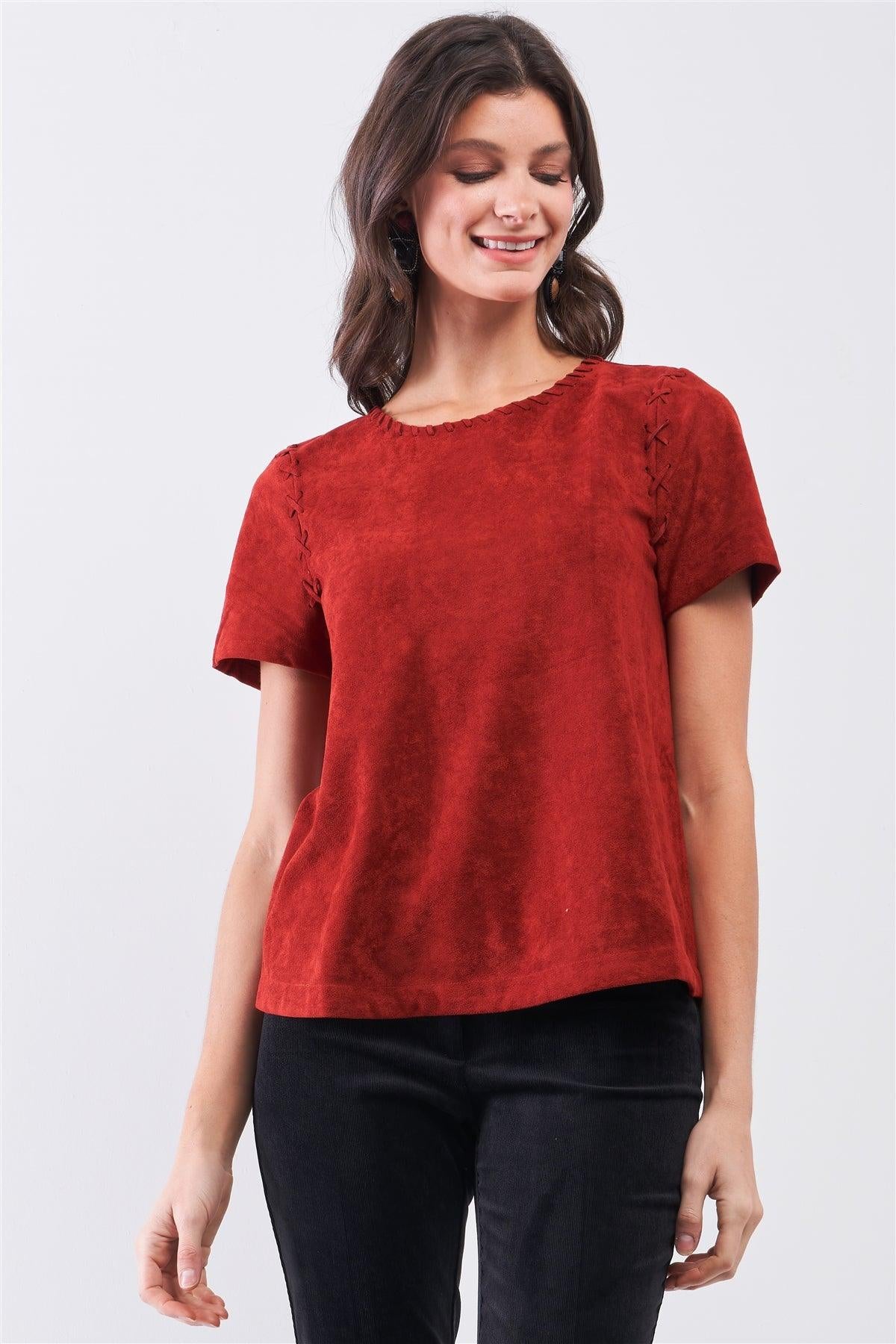 Rust Red Faux Suede Short Sleeve Top