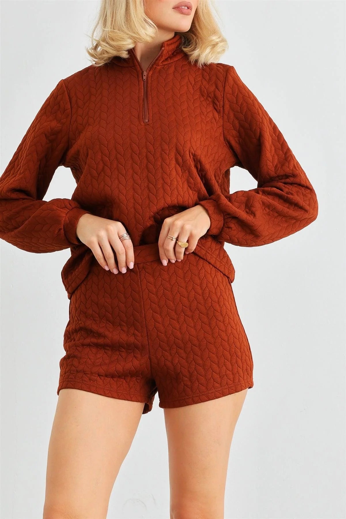 Rust Cable Zip-Up Mock Neck Long Sleeve Top & High Waist Shorts Set