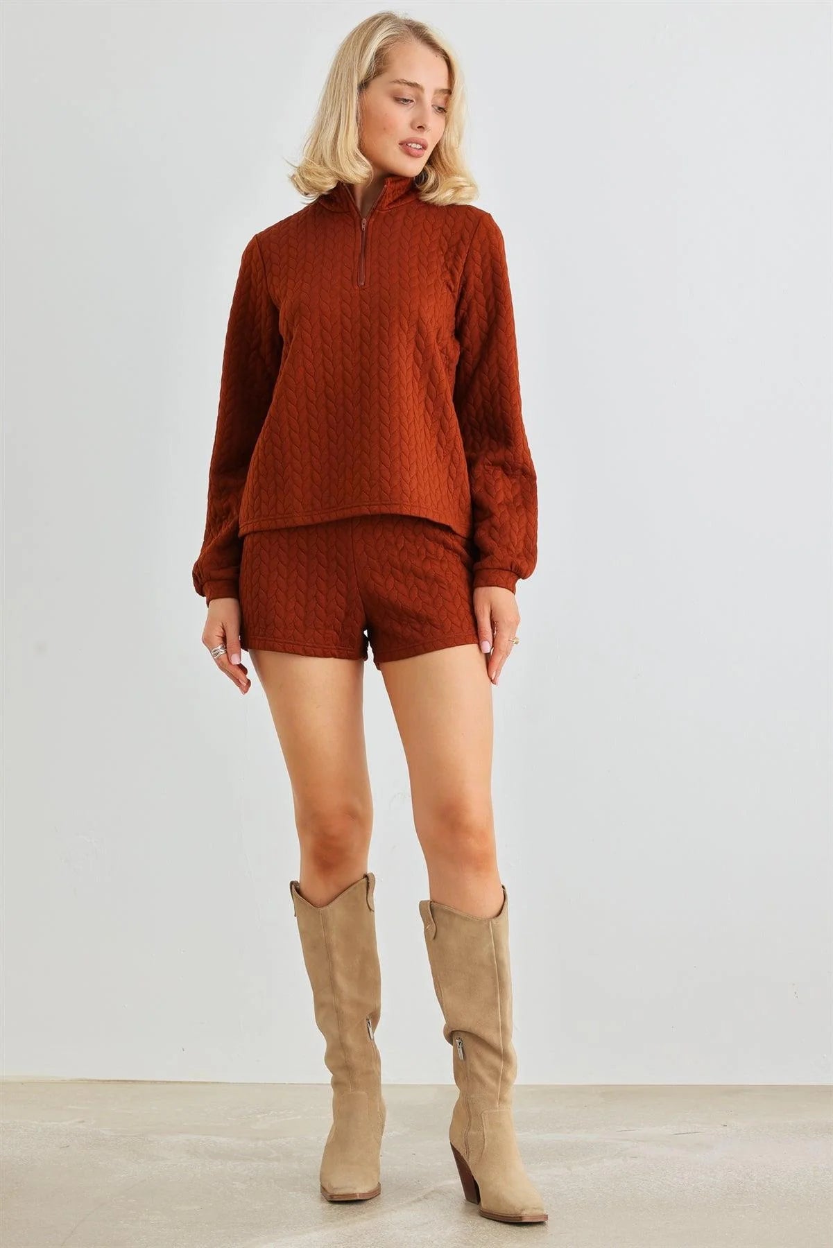 Rust Cable Zip-Up Mock Neck Long Sleeve Top & High Waist Shorts Set