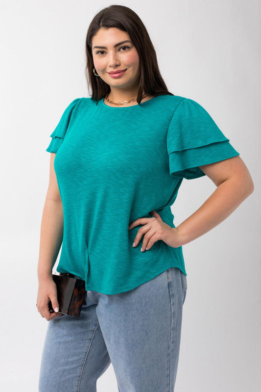 Plus Size Double Ruffle Sleeve Crew Neck Top