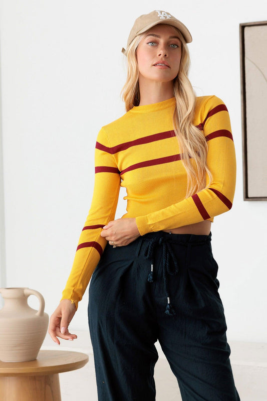 Stripes & Style Long Sleeve Crop Knit Top