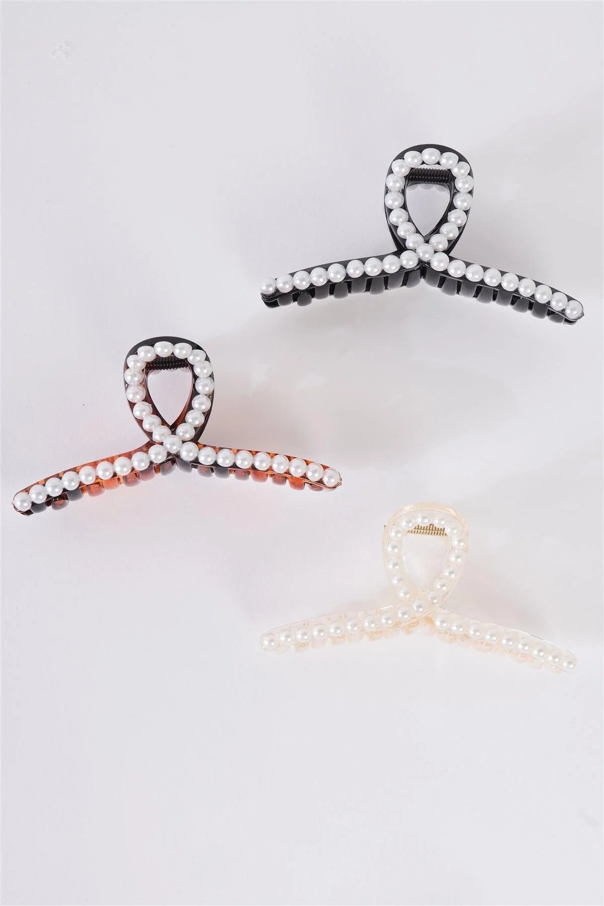 3Pcs Thin Loopy Pearl Trim Claw Hair Clip Set