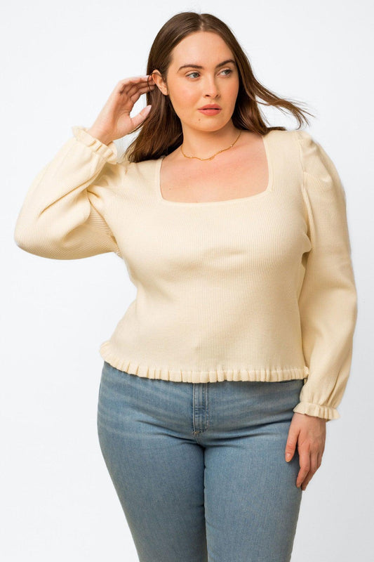 Plus Size Balloon Long Sleeve Ruffle Detail Ribbed Top