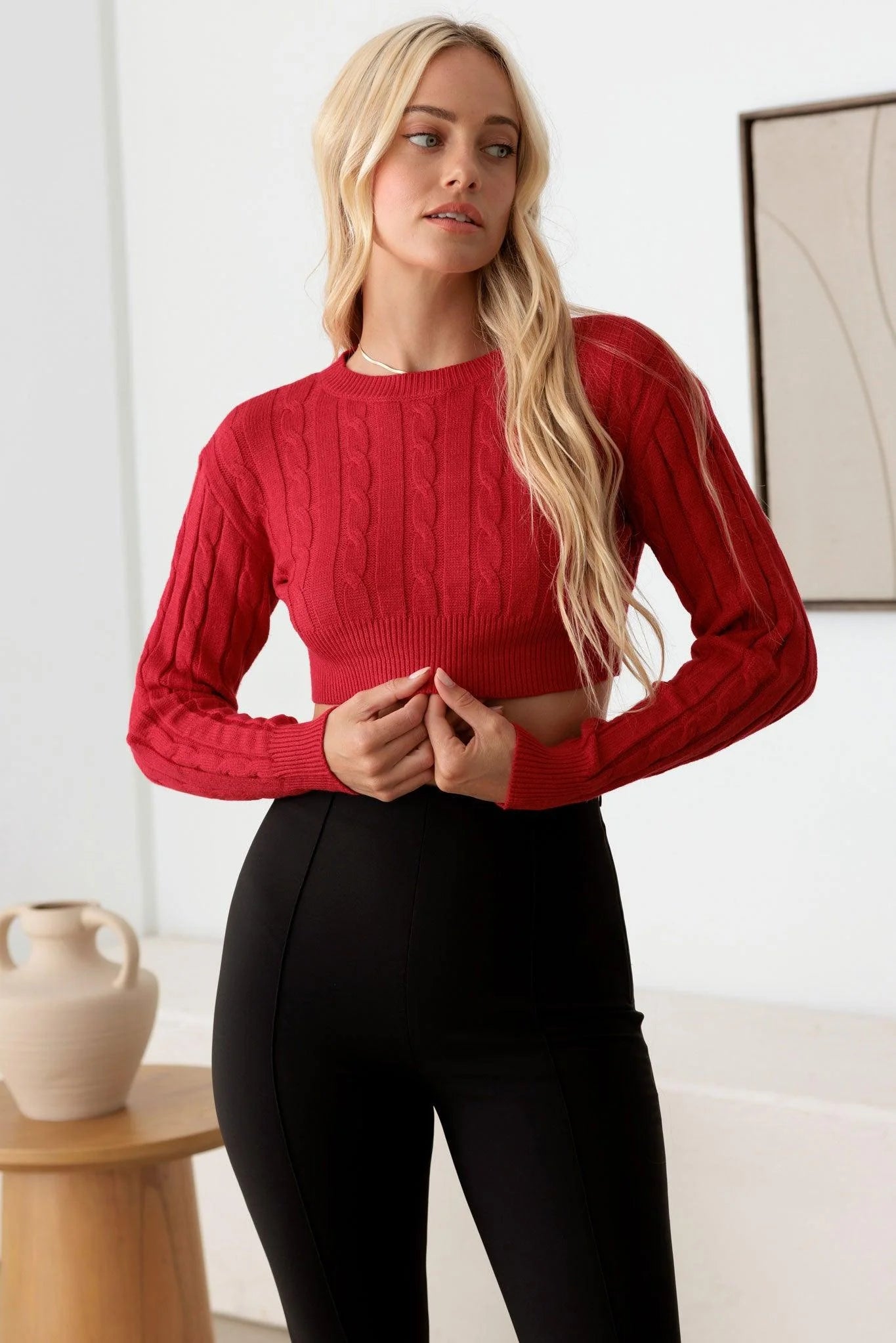 Cozy Cable Knit Long Sleeve Crop Sweater