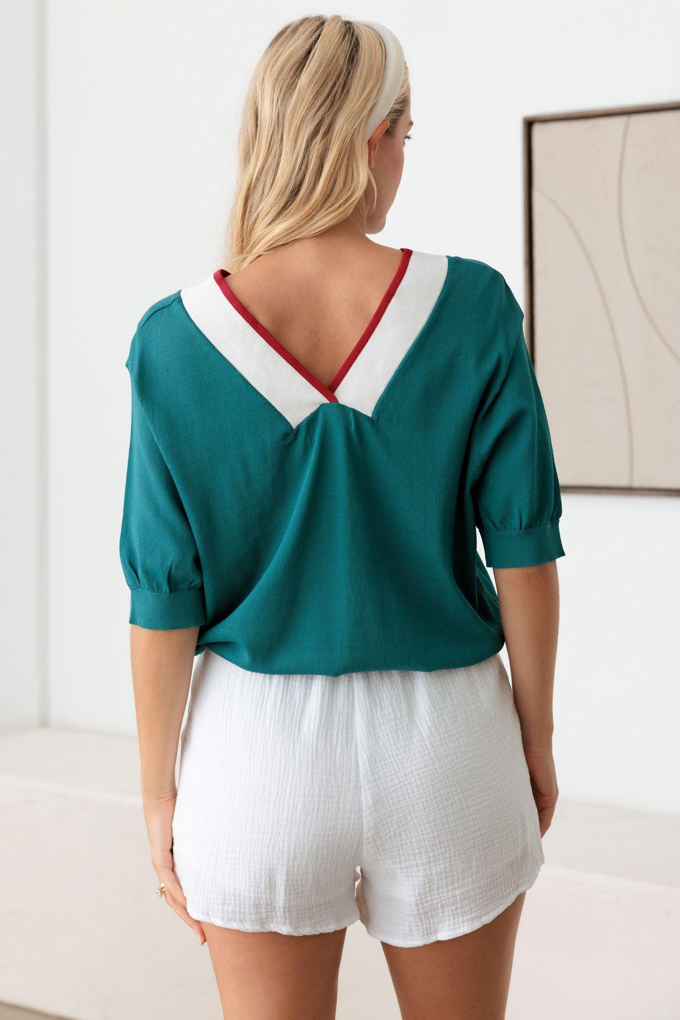 Retro Teal Chevron Knit Top with Contrasting Accents