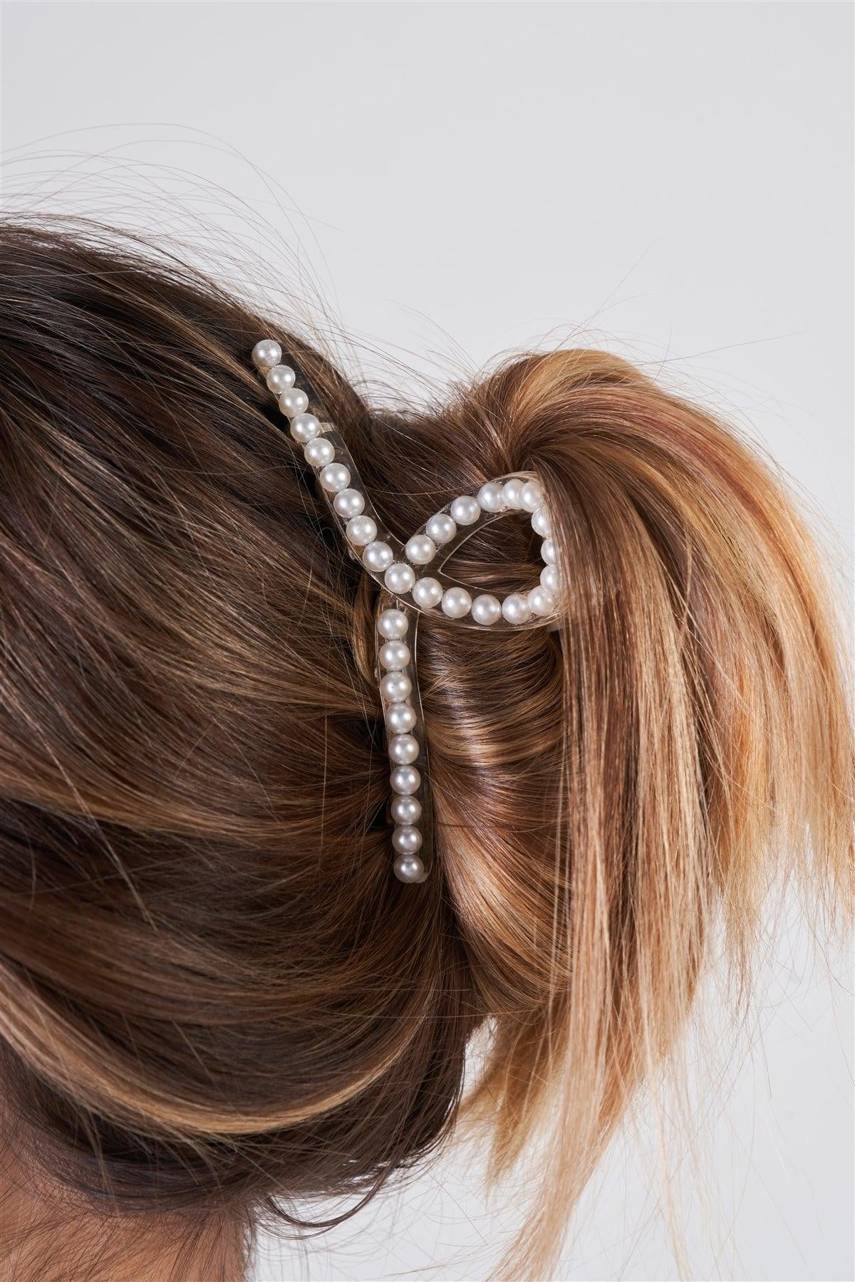 3Pcs Thin Loopy Pearl Trim Claw Hair Clip Set