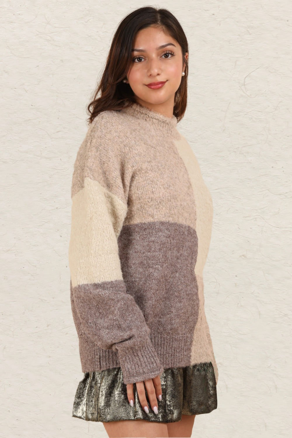 VERY J Color Block Mock Neck Drop Sweater